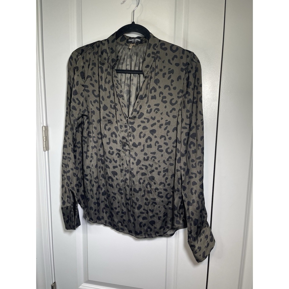 David Lerner Olive Green & Black Leopard‎ Print V Neck Long Sleeve Blouse Sz Sm